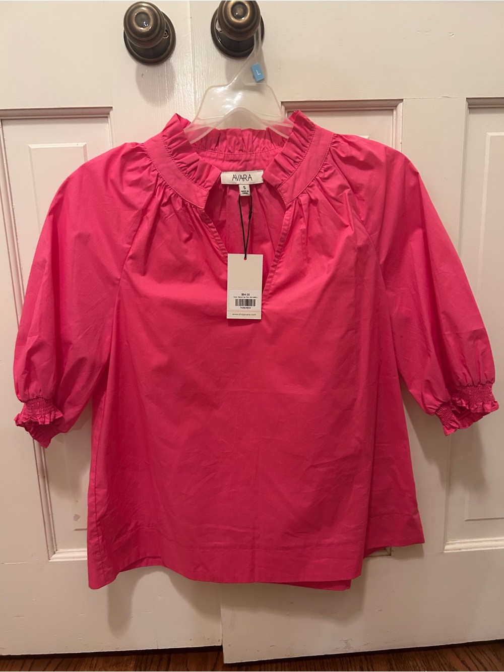 Avara Hot Pink Ruffled-Neck Puff Sleeve Blouse